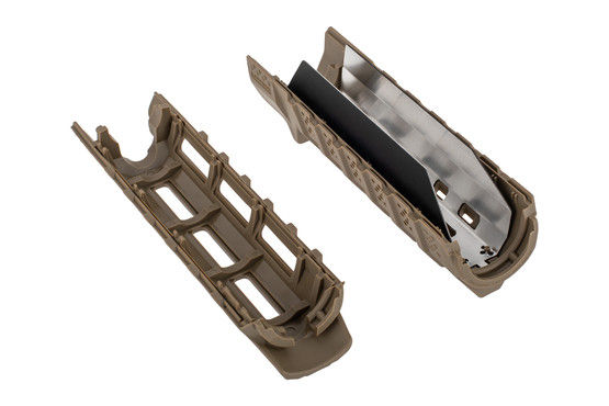 Strike Industries Carbine Length Handguard with Heat Shield in FDE/Black is made from injection molded polymer